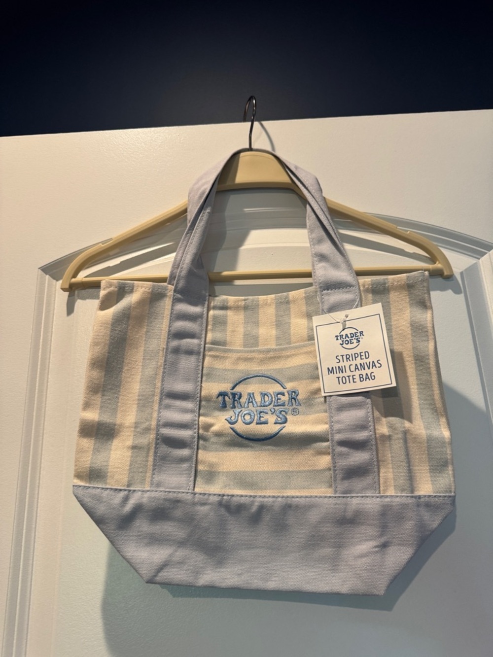 NWT! Trader Joe's Striped Mini Canvas Tote Bag - Light Blue & Cream